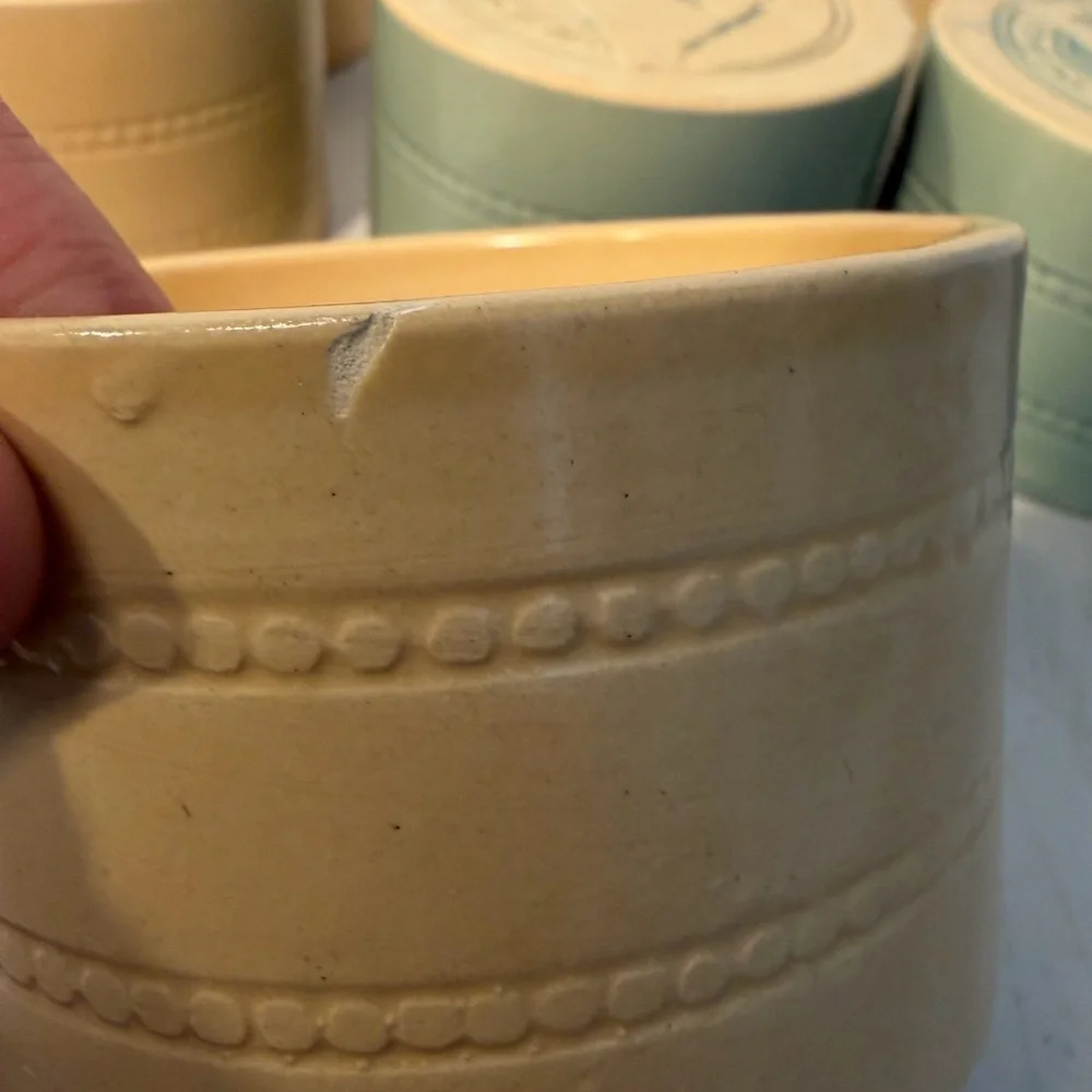 Vintage yellow ware,over and back Ramekins/crocks Sage Green & Warm mustard